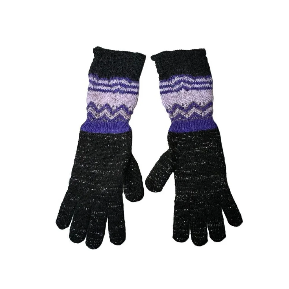 New Missoni Gloves Knit Wool Black Long Purple Cuff Winter Accessories Boho